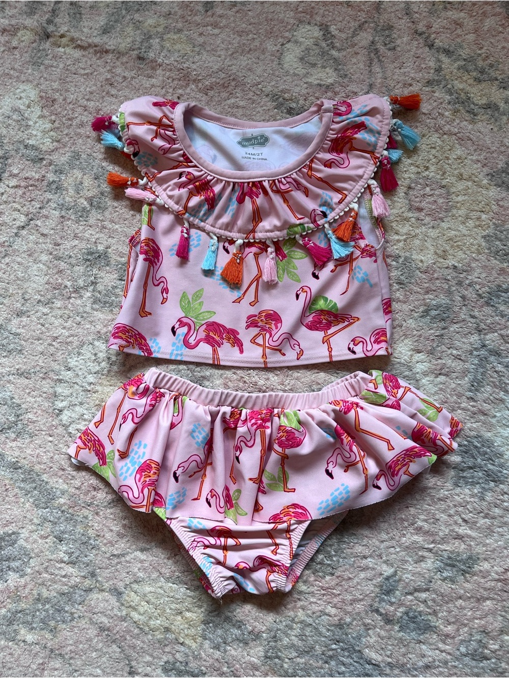 Pink Flamingo Tassel Ruffle Two-Piece Swim Set